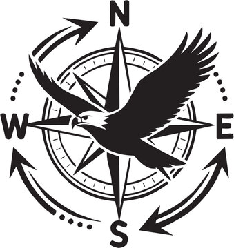 Eagle compass vector illustration for travel tattoo or navigation logo. Glyph pictograms of compass rose with soaring eagle and world symbol