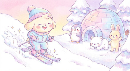 Adorable cartoon dog happily skis down a sparkling snowy hill, enjoying a whimsical winter day with playful animal friends near a cozy igloo