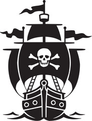 Pirate ship vector illustration for tattoo or adventure logo. Glyph pictograms of sailing vessel with skull and crossbones symbol