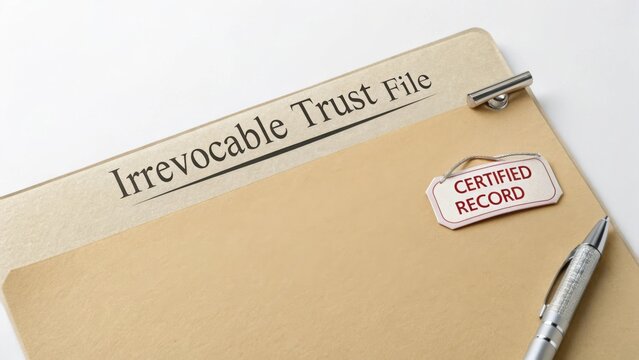 Irrevocable Trust File Document with Certified Record Tag and Pen on White Background