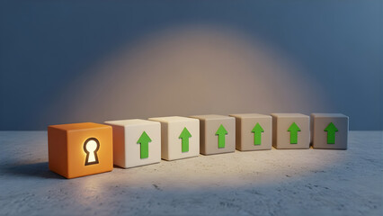 Illuminated keyhole block symbolizes unlocking hidden potential and achieving upward growth in a path towards success and opportunity