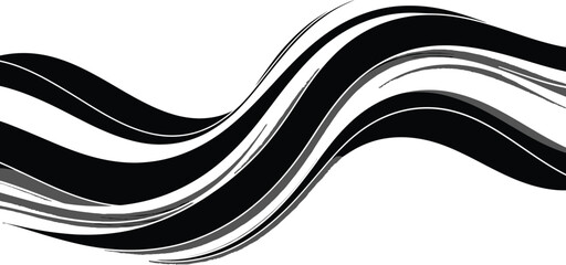 Abstract dynamic wave flowing smoothly across a clean white background featuring intricate layers of bold black and subtle white swirling ribbons creating a modern visual texture
