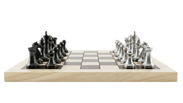 Isolated Wooden Chess Board with Silver and Black Metallic Pieces Ready for Game Start isolated PNG with Transparent Background - Powered by Adobe