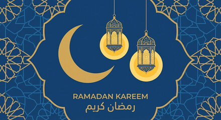 Ramadan Kareem Greeting Card with Crescent Moon and Islamic Lanterns