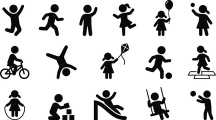 Kids activity silhouette icon set, children playing sports games playground actions, black vector pictogram collection isolated © VectoBloom