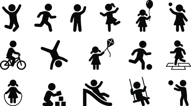 Kids activity silhouette icon set, children playing sports games playground actions, black vector pictogram collection isolated