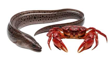 Fresh Spotted Eel and Bright Red Crab Seafood Product Shot isolated PNG with Transparent Background