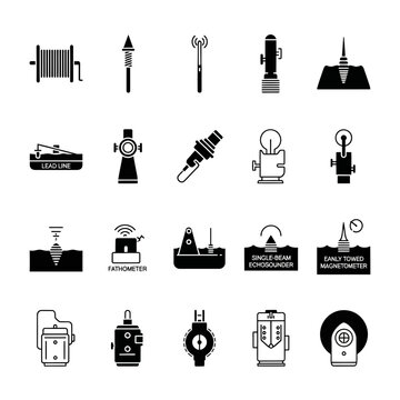 Explore a collection of marine survey equipment icons, showcasing essential tools for ocean research, navigation, and underwater exploration in crisp, modern style