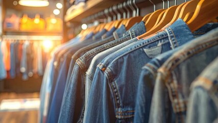 Denim jackets hanging on wooden hangers in a clothing store, fashion concept.