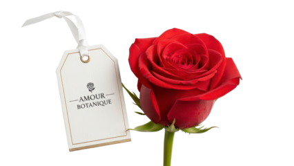Single Red Rose Stem with Luxury Product Tag Mockup, "AMOUR BOTANIQUE" isolated PNG with Transparent Background