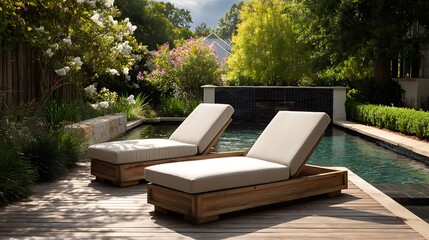 Poolside Relaxation Lounge Chairs and Lush Garden