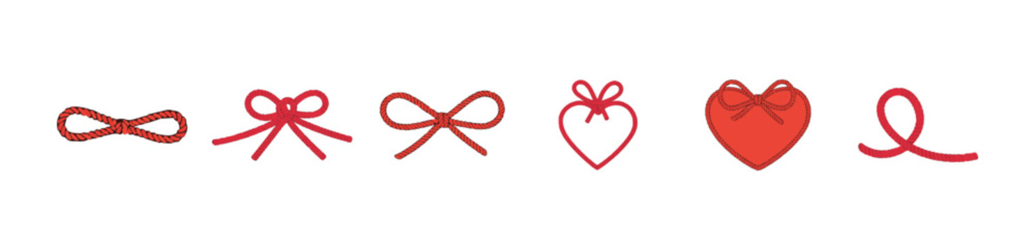 Red rope knots bows set collection love heart symbols textile cord vector illustrations