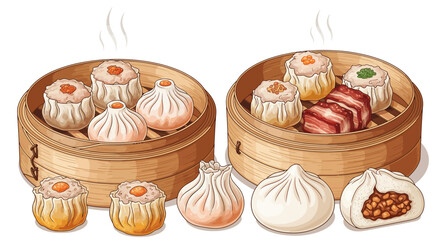 Vibrant illustration of various hot Chinese dim sum, featuring savory dumplings and fluffy buns freshly steamed in traditional bamboo baskets