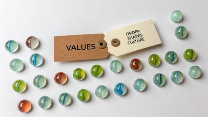 Colorful Glass Marbles Arranged with Tags Representing Values, Order, Shapes, and Culture in a Creative Layout
