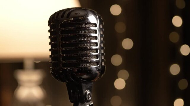 elegant close up cinematic shot of a vintage silver microphone in a dim cozy interior warm ambient lamp light and circular bokeh highlights behind it forming a professional audio recording and jazz cl