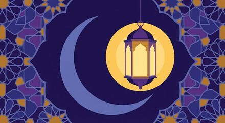 Ramadan Islamic crescent moon and traditional lantern illuminated against a night sky with geometric patterns