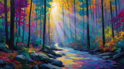 Vibrant forest stream with sunlight filtering through colorful foliage