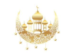 Obraz premium Islamic Mosque Illustration with Crescent Moon for Ramadan Kareem and Eid Mubarak