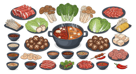 Vibrant hot pot meal illustration featuring fresh ingredients sliced meats, vegetables, mushrooms, tofu, and flavorful dipping sauces