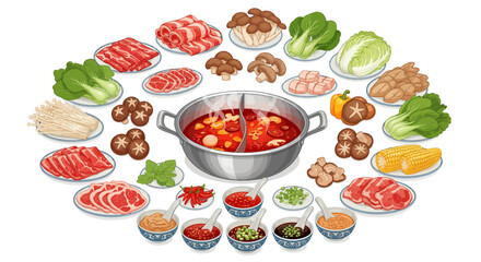Delicious Assortment of Ingredients for a Hot Pot Meal, Featuring Meats, Vegetables, and Sauces