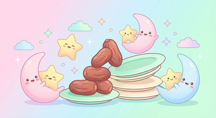 Delightful kawaii moons and stars illuminate a festive scene, joyfully sharing delicious dates and empty plates, symbolizing sweet traditions on a magical pastel backdrop