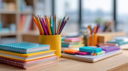 Fototapeta premium Desk with vibrant books, pencils, and tools creating a warm, blurred, academic ambiance