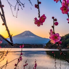 Blossoms frame distant peak reflecting in tranquil lake under a colorful sunset sky