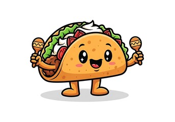 Cheerful Taco Character with Maracas - A Fun Food Illustration.