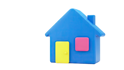 Blue cartoon house with yellow door and pink window on white background