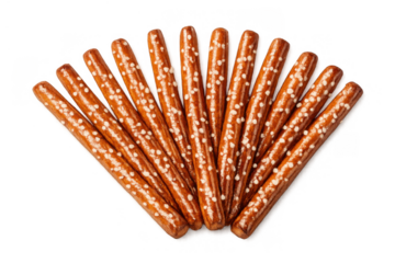 Pretzel sticks arranged in a fan shape, a savory snack with crunchy texture and sea salt topping on a transparent background