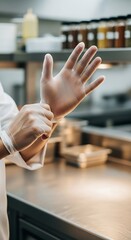Chef Preparing Food with Gloves in Commercial Kitchen.