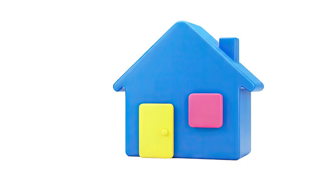 Blue cartoon house with yellow door and pink window on white background