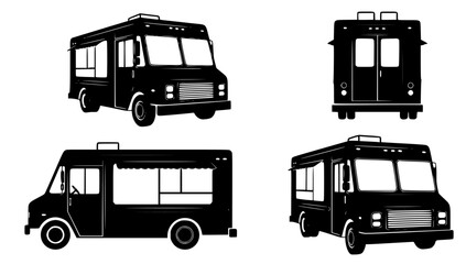 Versatile collection of black and white food truck illustrations, perfect for showcasing mobile culinary businesses, street food vendors, and catering services with diverse design angles