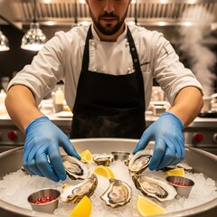 Chef Preparing Fresh Oysters on Ice with Lemon Wedges.