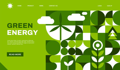 Green energy ecology landing page template with geometric Bauhaus pattern. Renewable power company, green energy production vector landing page. Environment and ecology webpage with Bauhaus pattern © Vector Tradition