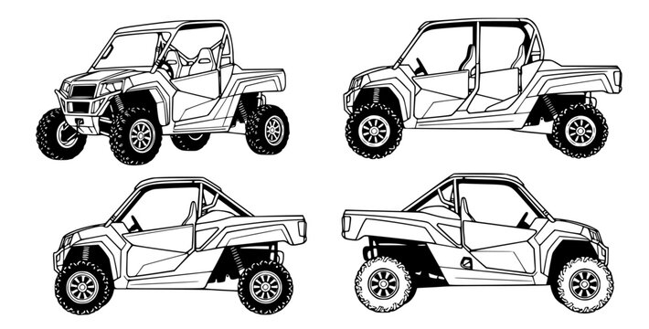 Set of four utility task vehicle side view illustrations in black and white