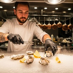Chef Preparing Oysters with Precision and Focus in a Professional Kitchen.