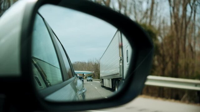 POV view. Reflection of white truck in the side mirror of driving car on the road on spring day. View from front passenger seat. Clouds are in the mirror.