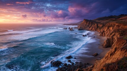 Coastal landscape at sunset waves crash against the shore, rocky cliffs meet the sea under a sky of purples, oranges, and blues