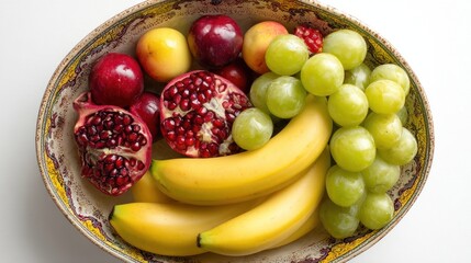 An overhead view of a decorative, patterned bowl overflowing with a vibrant assortment of fresh fruits. Grapes, bananas, pomegranate, and more