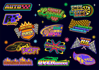 Obraz premium Y2k retro groovy racing stickers, car race sport patch labels set. Speed motor vehicle vector icons of retro y2k cars, wheels and tires. Vintage groovy race sport flag, shield, crown and star stickers