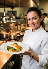 Chef Presenting Exquisite Salmon Dish in Professional Kitchen Setting.