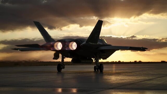 A military  fighter jet  on run way ready to take off blasting bright orange flames 