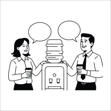 Two people talking near a water cooler in an office