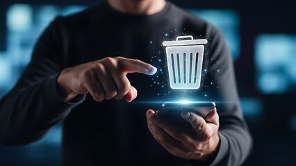 Man deleting data on smartphone screen.