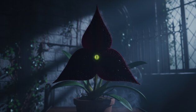 Dark moody close up of a devil's snare plant in a pot by a window. Dreamy botanical photography in an abandoned room. Indoor still life.