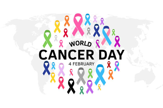 World Cancer Day design with colorful awareness ribbons on white background. Flat world map illustration symbolizing unity, hope, support, and international cancer awareness on February 4