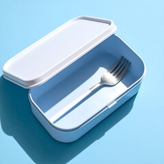 Blue lunchbox with a white lid open, containing a silver fork, on a blue background creating sharp shadows
