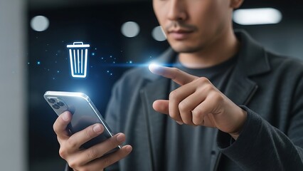 Man deleting data on smartphone screen.