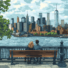 A vector illustration of a couple enjoying the cityscape view of New York City from a waterfront promenade , vector style simple color